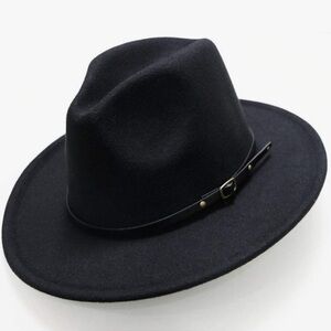 Women’s Classic Black Fedora Hat Wide Brim Wool Hat ‘Leather Look’ Belt Like New